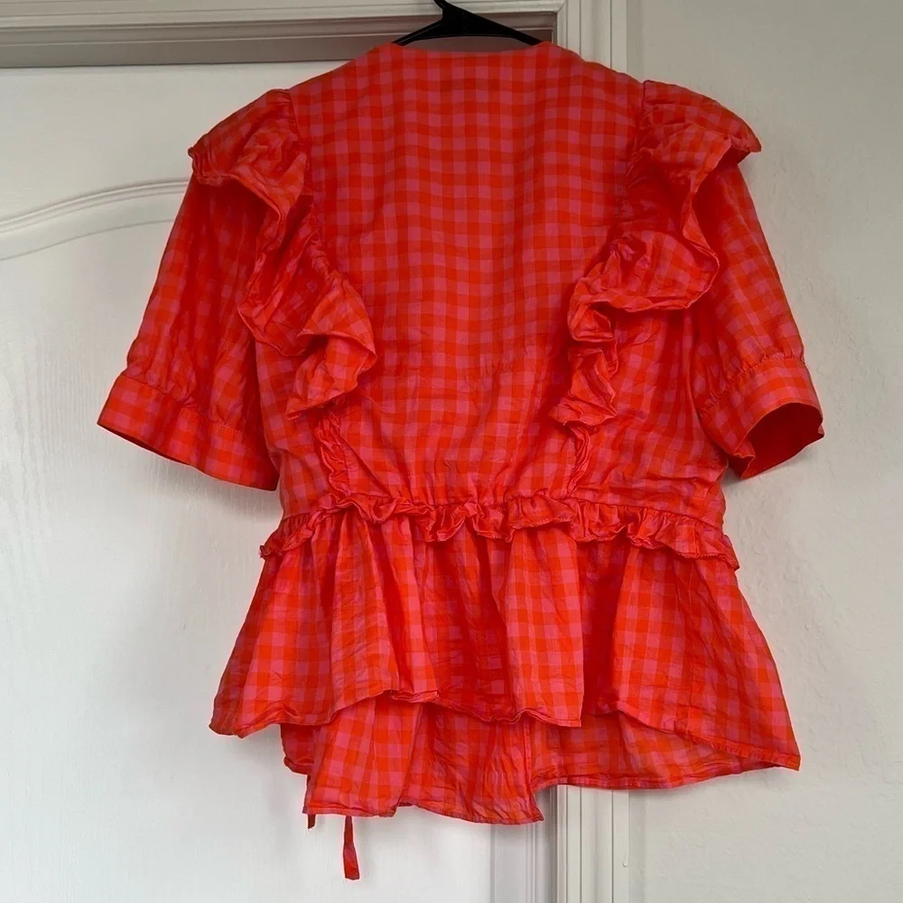 J. Crew Ruffle Puff Sleeve Cotton Wrap Top in Orange and Pink Gingham 💕🧡 L